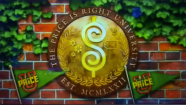 logo for the fictional Price is Right University on a brick wall with ivy and pennants