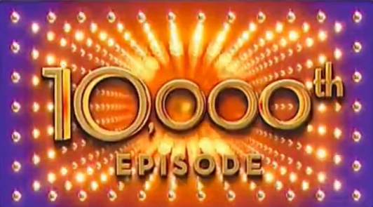 The words 10,000th Episode in front of a starburst pattern