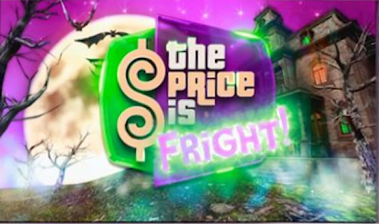 A purple and green Price is Right logo sits in front of a haunted house & full moon. Bats fly in the background